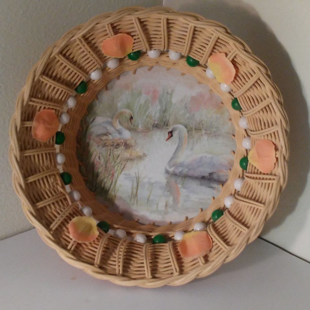 Swan Motive Reed Basket Flowers Beads Round Handmade Artist signed Germany